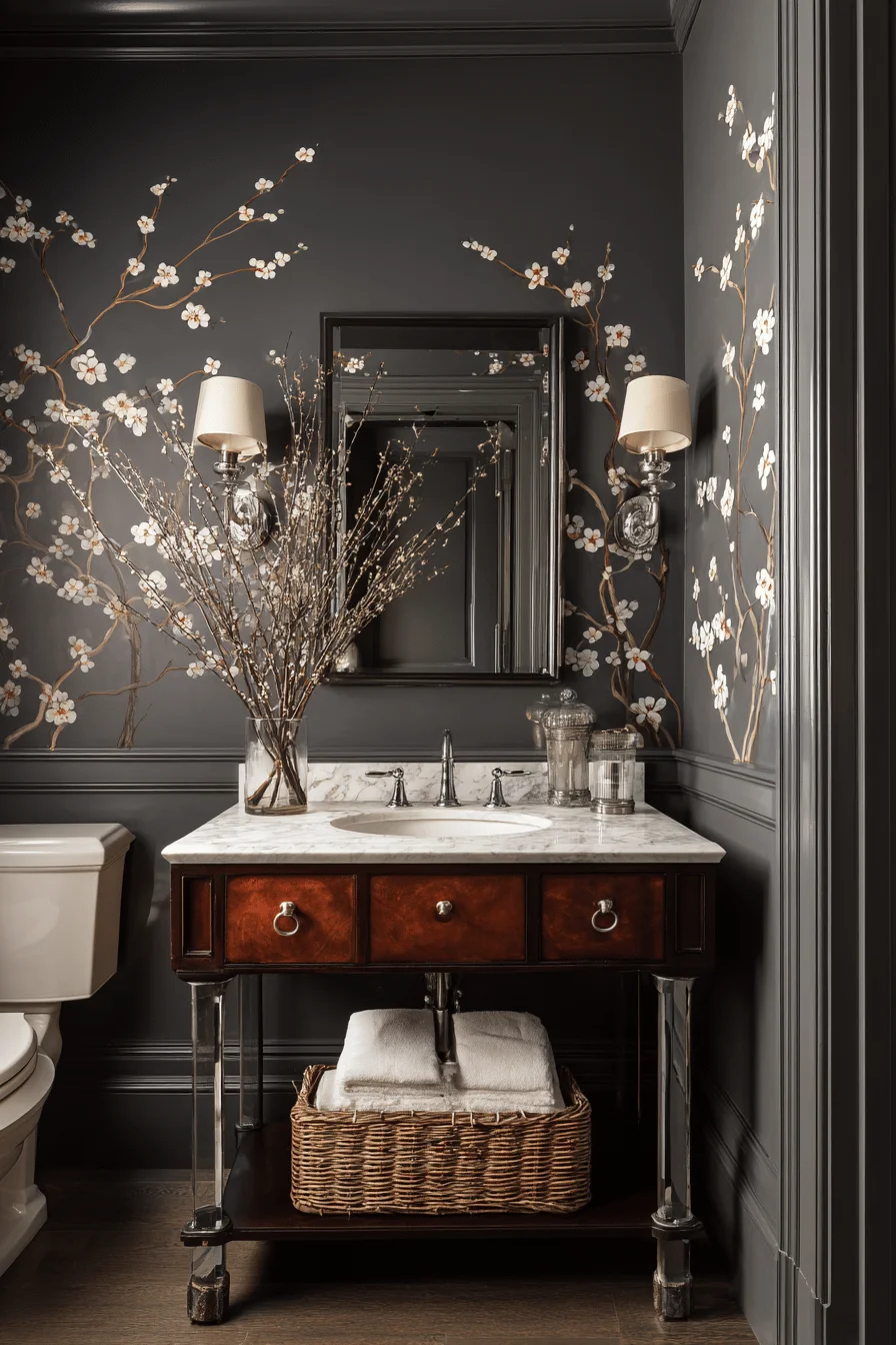 modern victorian downstairs toilet with dark gray walls cherry blossom mural mahogany vanity white marble top and chrome fixtures