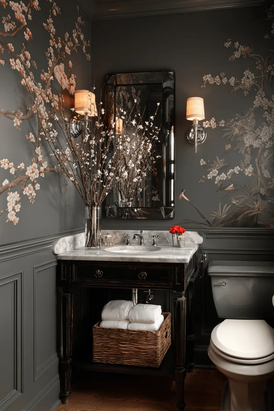 modern victorian downstairs toilet with gray walls cherry blossom mural mahogany console vanity and sophisticated moody atmosphere