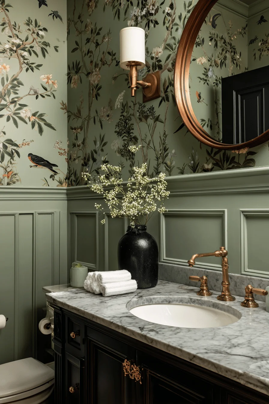 modern victorian downstairs toilet with sage green walls botanical wallpaper marble vanity and brass fixtures small downstairs toilet ideas