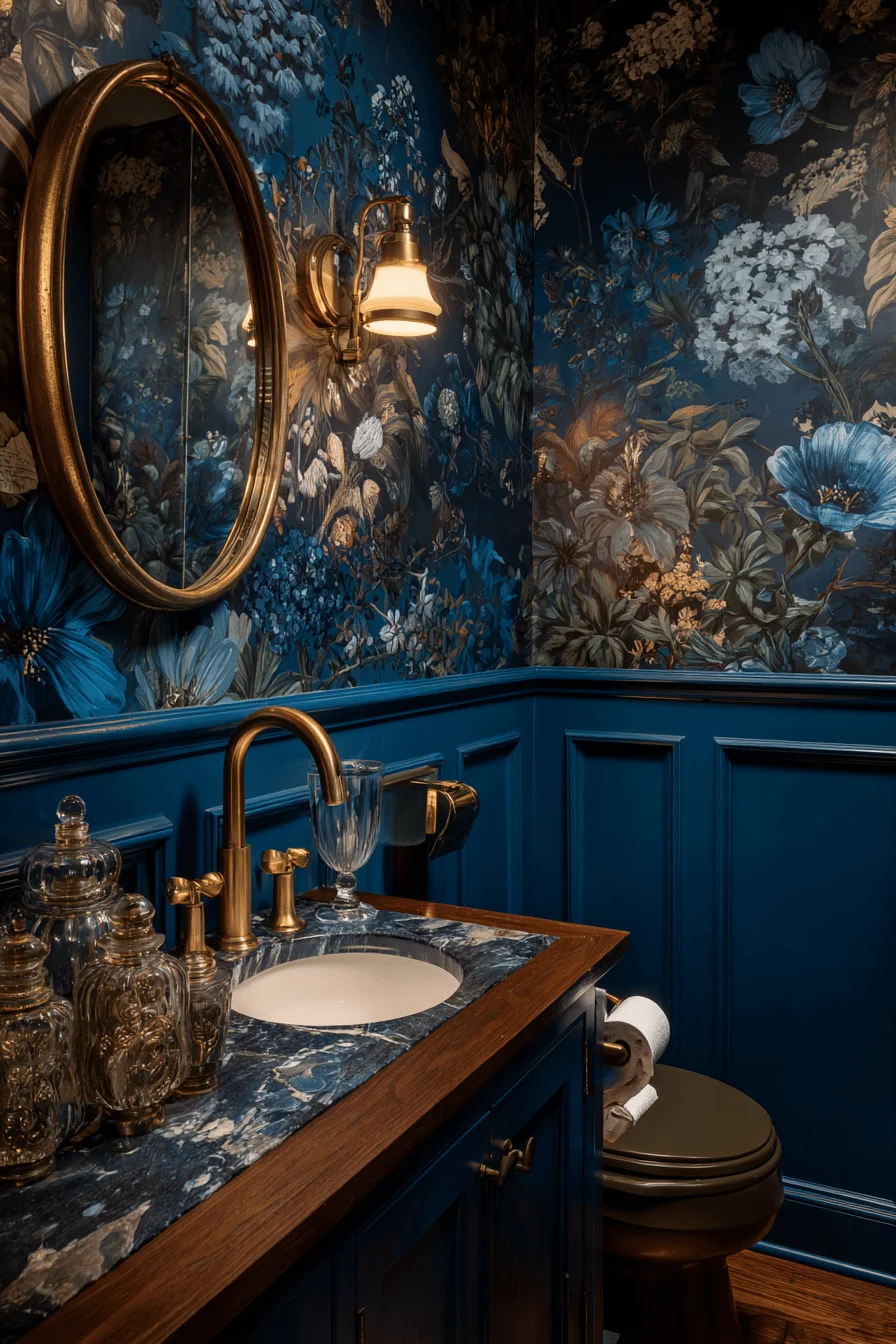 modern victorian downstairs toilet with teal floral wallpaper navy vanity brass fixtures and wooden wainscoting small toilet ideas downstairs loo