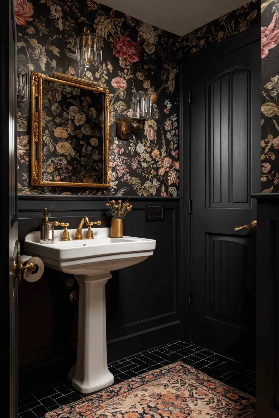 modern victorian funky downstairs toilet ideas featuring floral wallpaper black paneling white sink gold mirror accessories