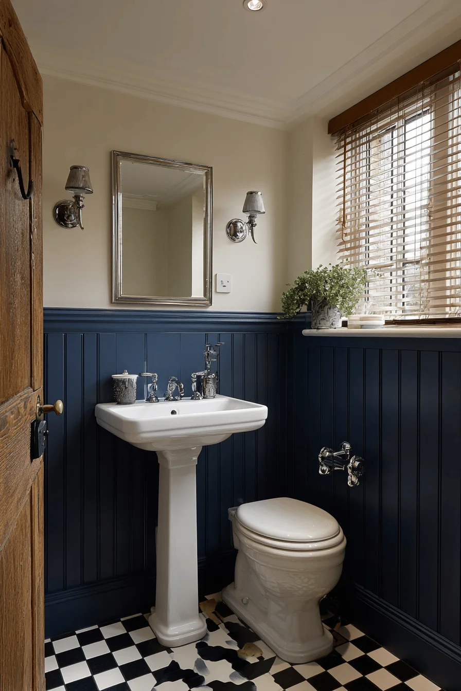 modern victorian small downstairs toilet featuring navy wainscoting checkerboard floor white fixtures and wooden window blinds