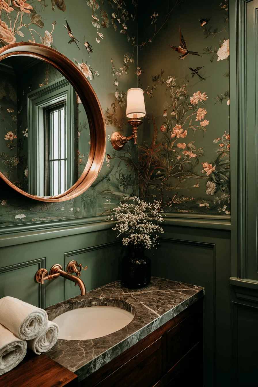 modern victorian small downstairs toilet ideas with botanical mural sage walls and copper mirror brass fixtures