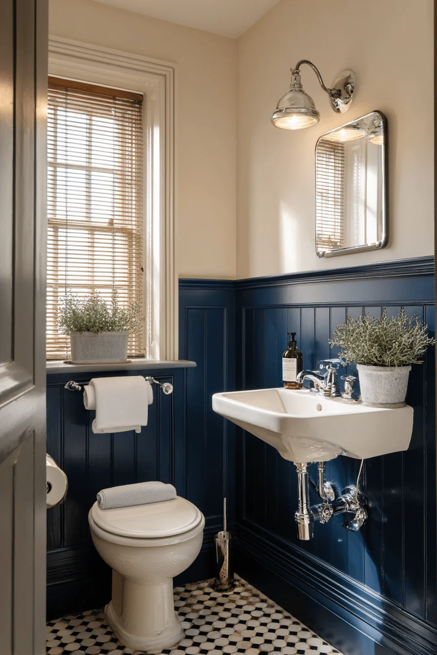 modern victorian small downstairs toilet with navy wainscoting checkerboard floor white sink traditional toilet and natural light