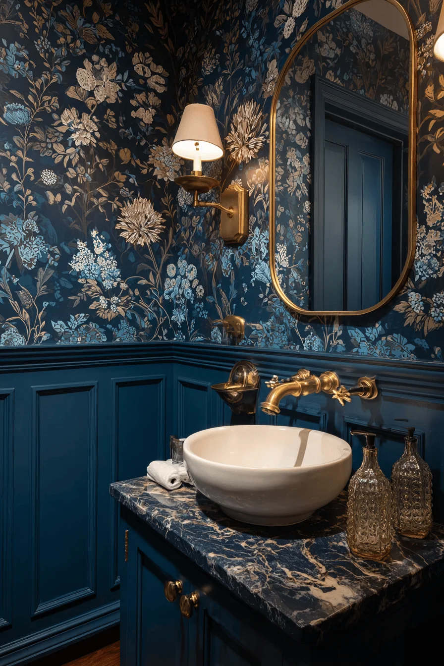 modern victorian small toilet ideas downstairs loo with floral wallpaper brass fixtures marble vanity under wooden wainscoting