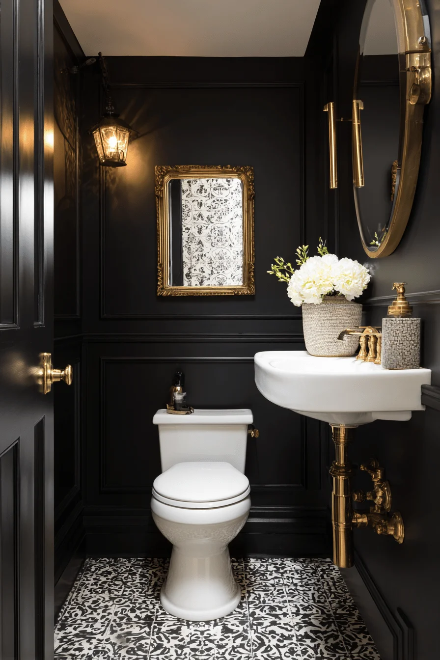 modern victorian style downstairs toilet with black panels white sink gold mirror patterned floor and brass accents