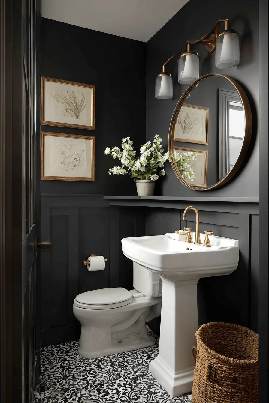 modern victorian tiny downstairs toilet understairs with gray walls brass fixtures patterned floor