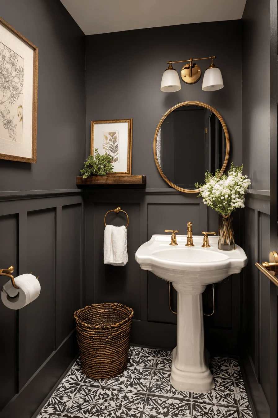 modern victorian tiny downstairs toilet with gray wainscoting brass mirror pedestal sink patterned floor tile