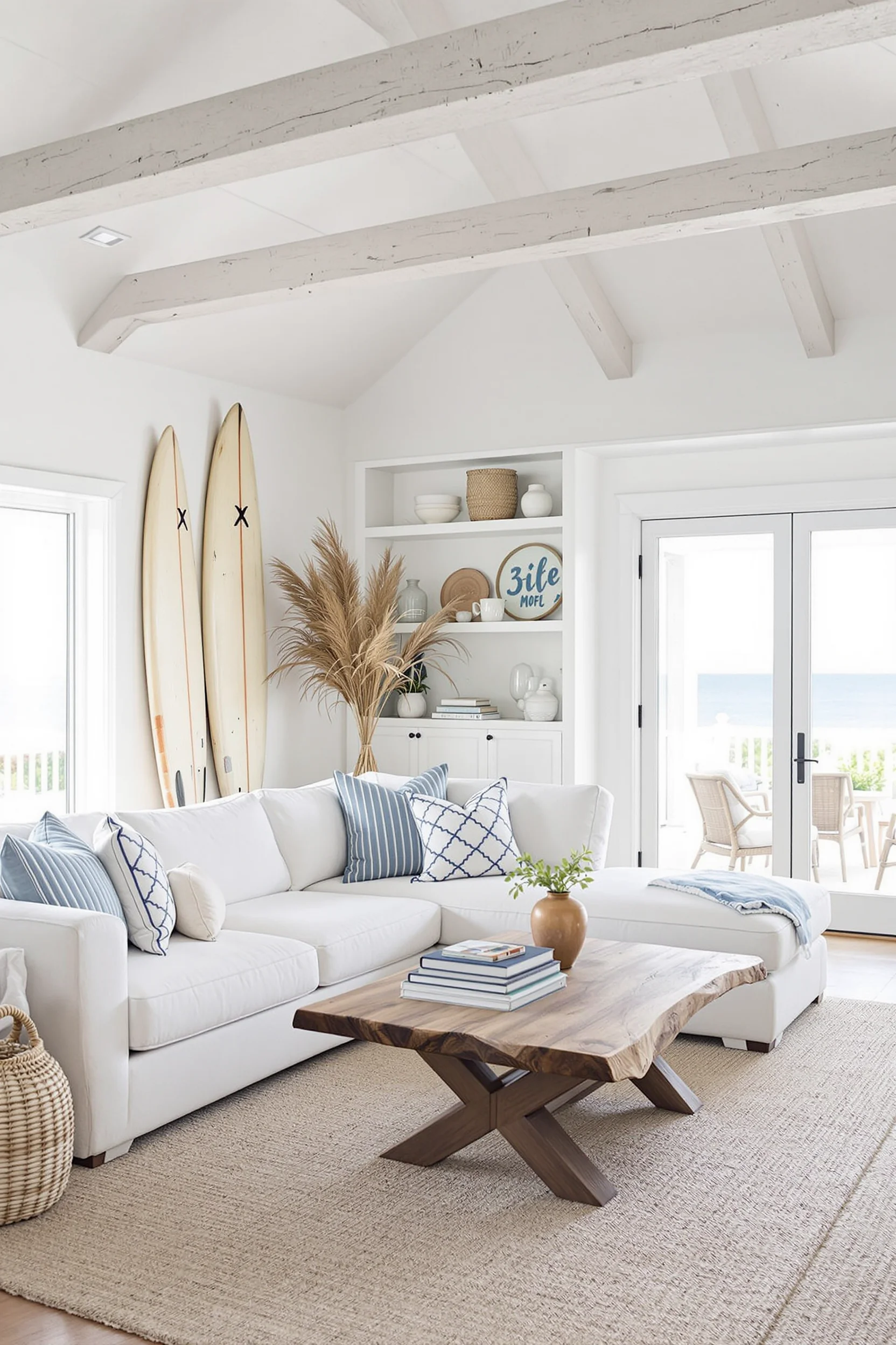 montauk beach house living room with coastal interiors design featuring blue white decor natural textures ocean views