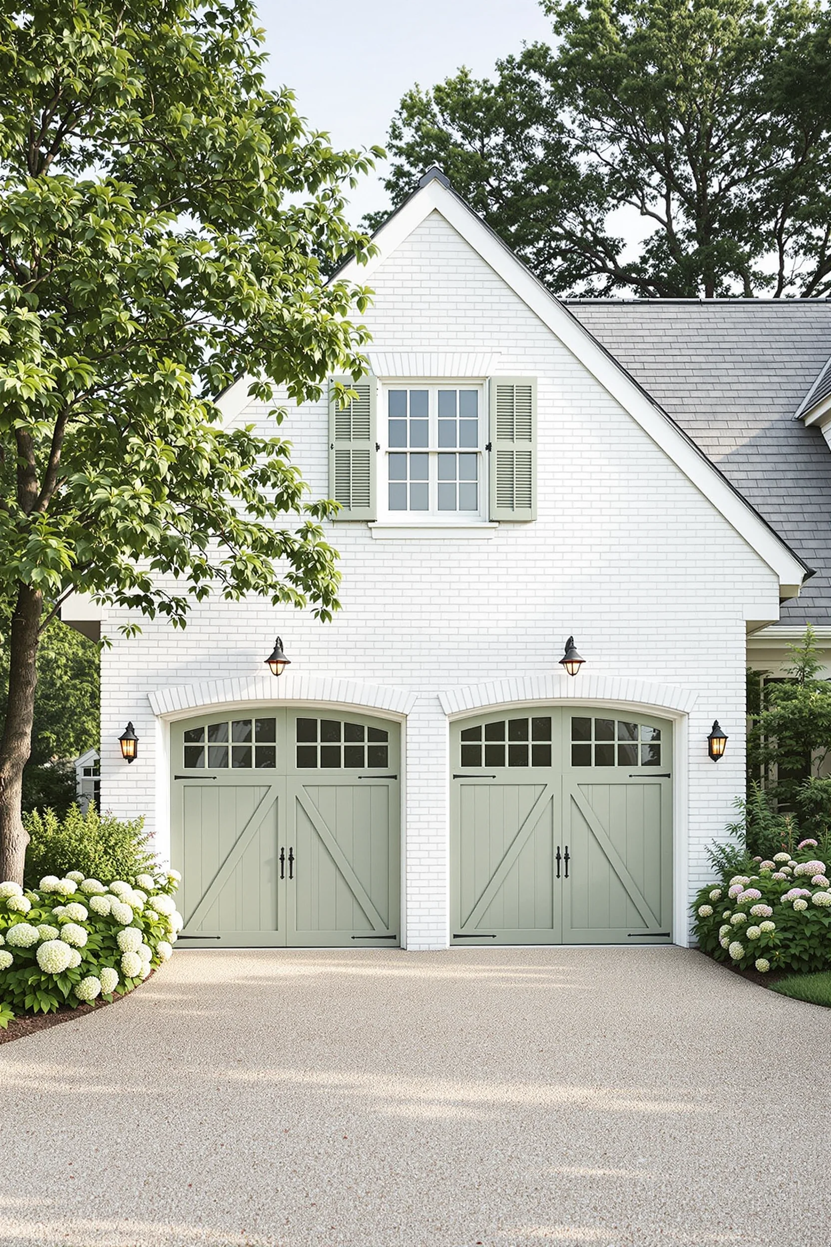 montauk beach house with whitewashed brick exterior sage green garage doors gray roof and coastal landscaping