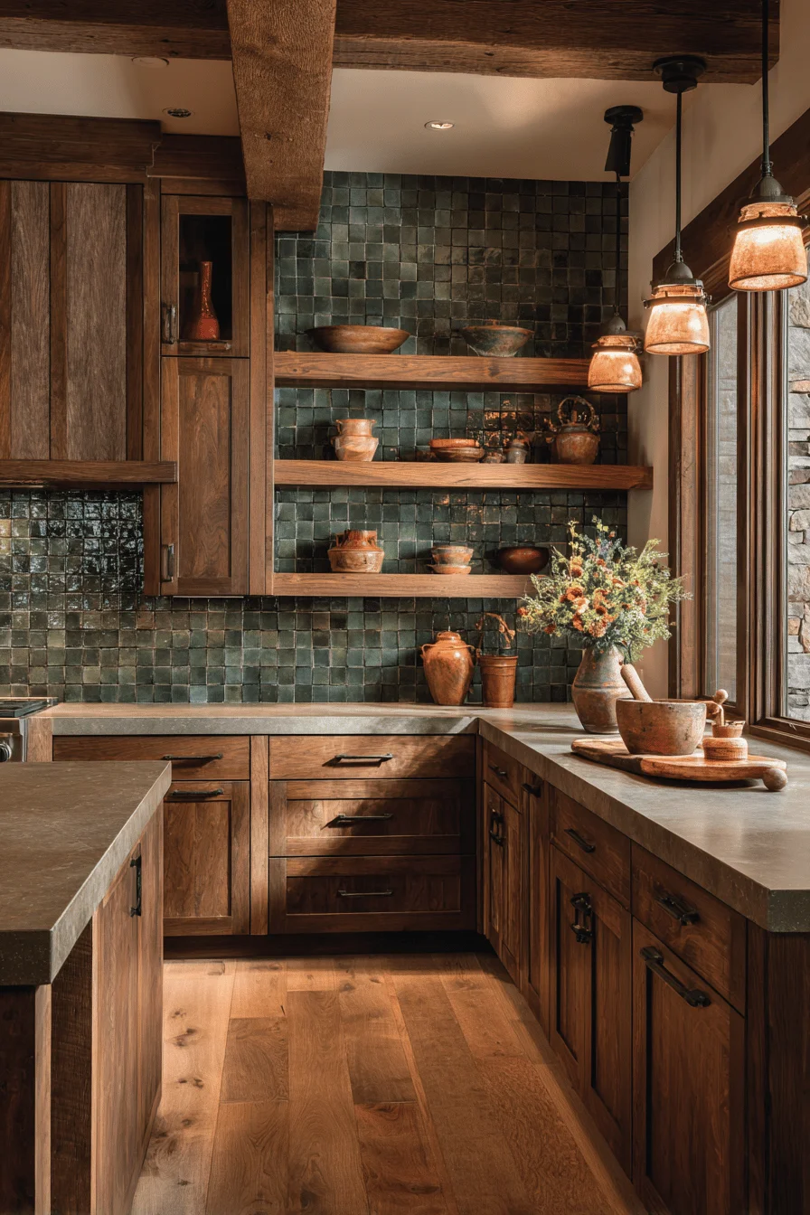open kitchen dream house with rustic dark kitchen featuring dark brown cabinets and open wood shelving