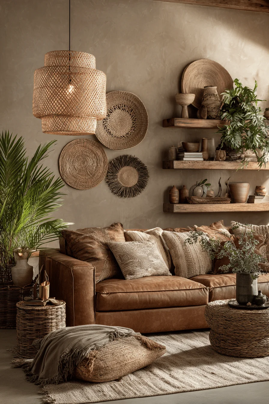 organic earthy style living room with warm taupe walls natural textures woven wall hangings and premium leather sofa