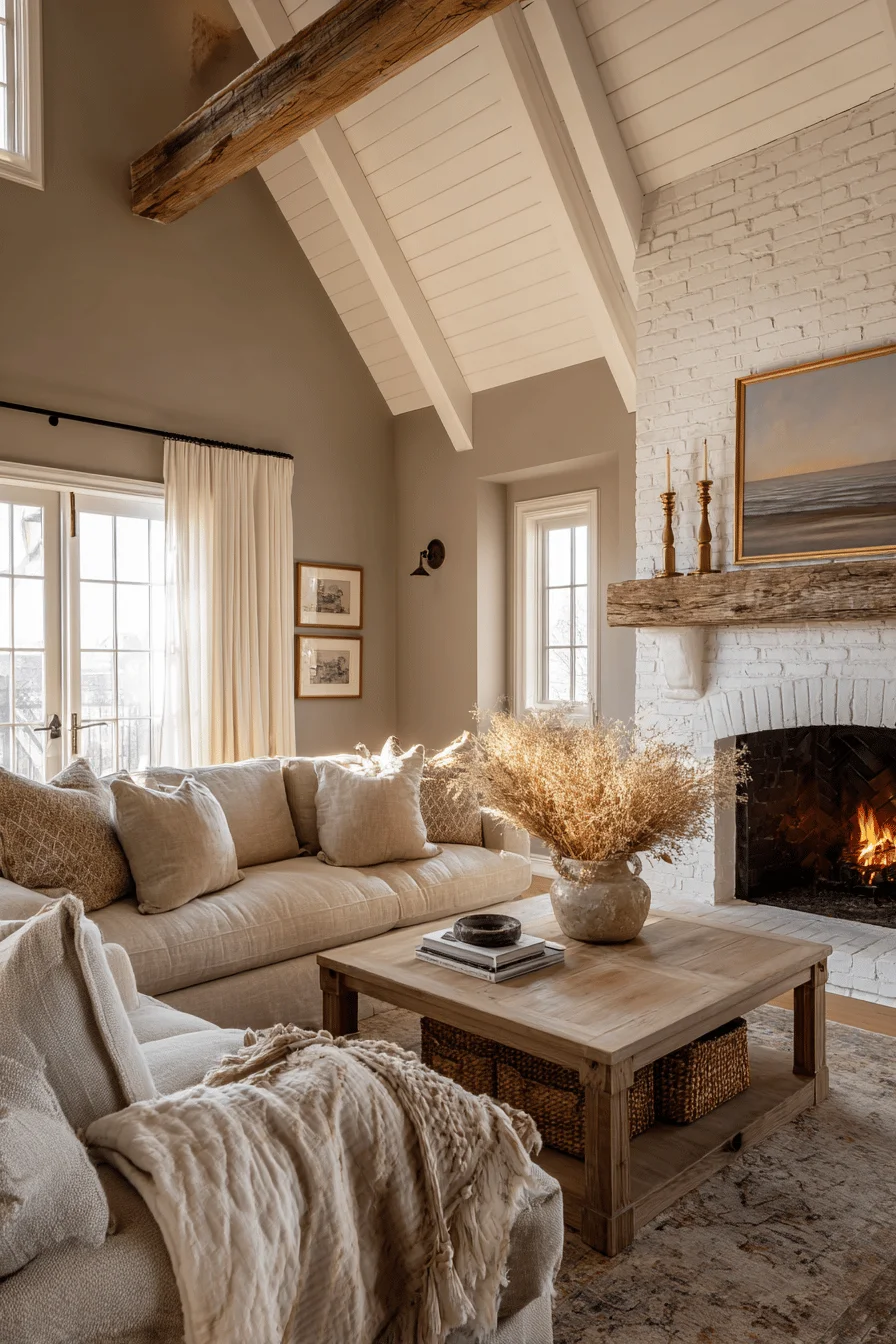painted white brick fireplace with wooden beam mantel persian rug home decor ideas english cottage fireplace ideas comfortable beige sofa