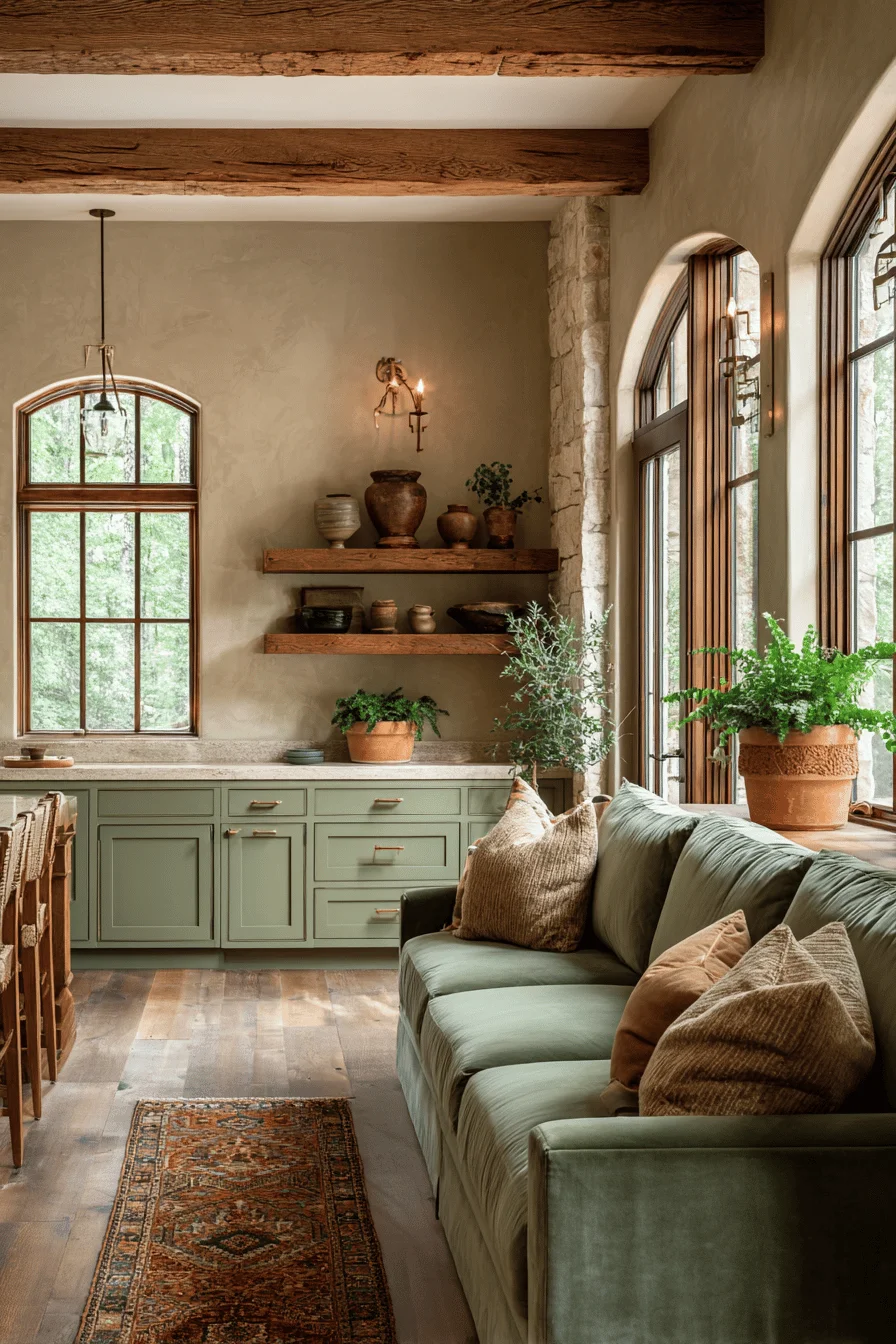 premium earthy home interior with arched windows exposed beams brass hardware woven furniture natural lighting
