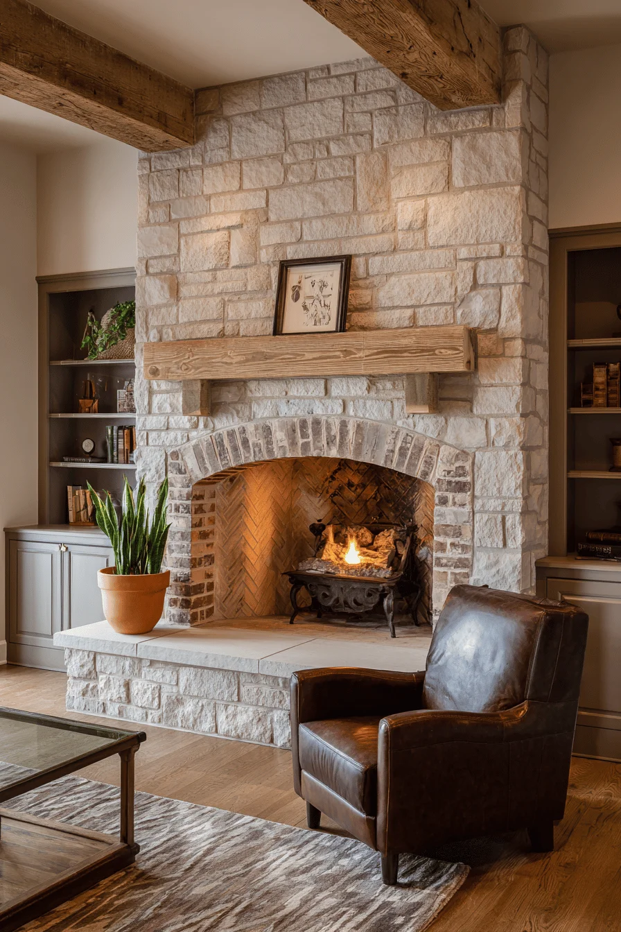 rustic fireplace decor with stone surround english cottage fireplace oak beam mantel stacked hardwood leather armchair house design