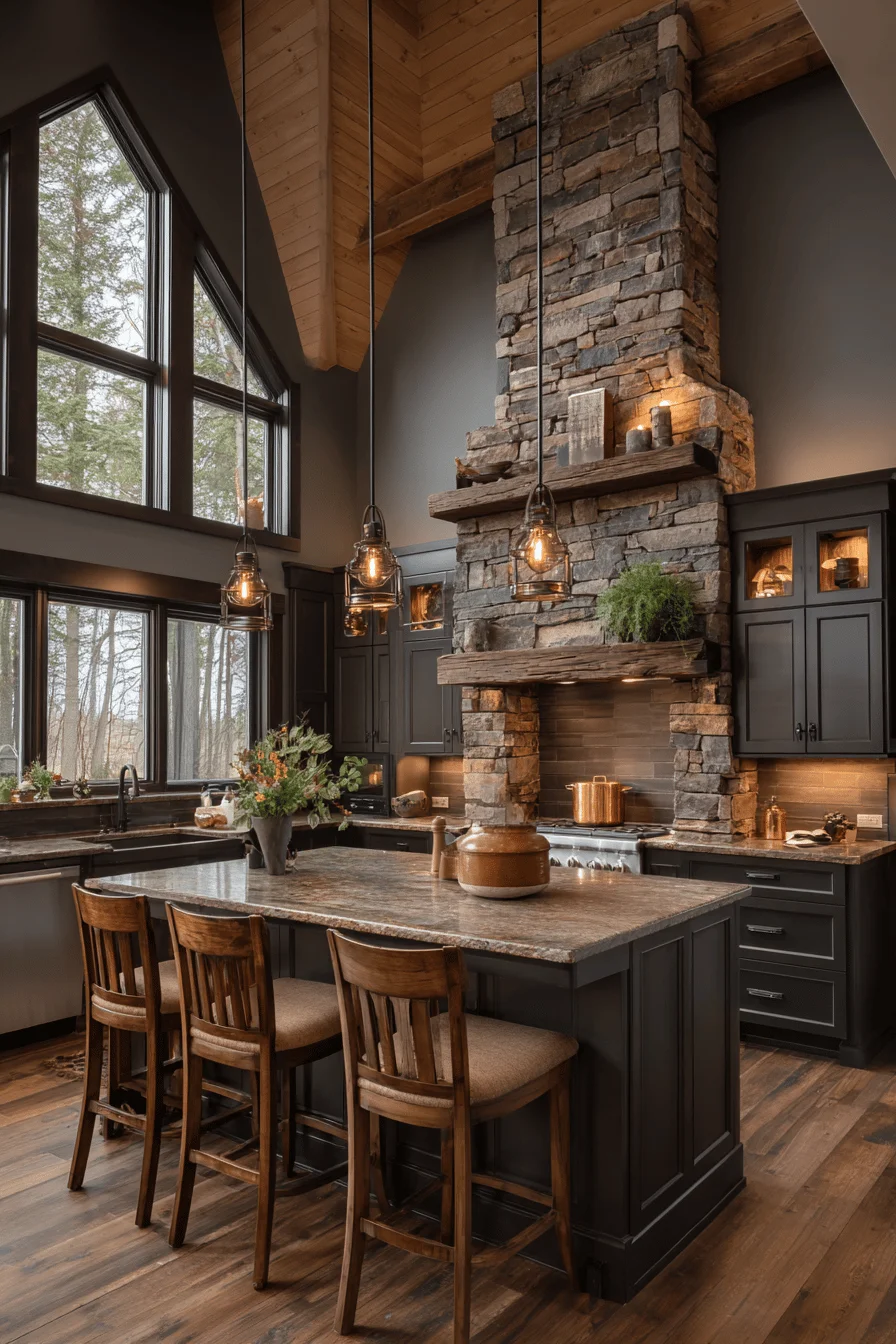 rustic kitchen with dark wood floors featuring open wooden shelving industrial accents and natural materials creating an aesthetic house appeal