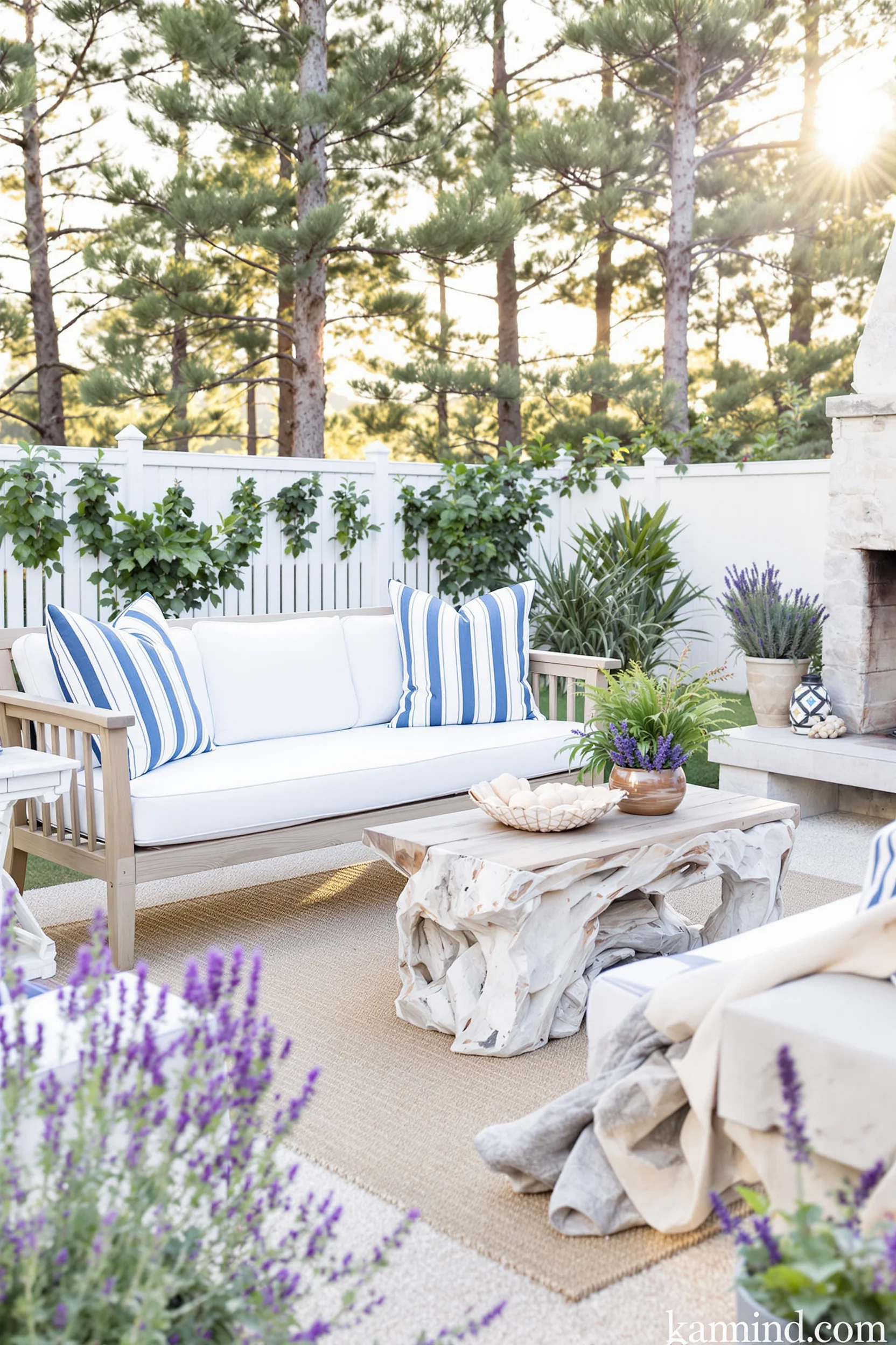 seaside garden outdoor living room with teak sofa white cushions blue pillows stone firepit and shell accents