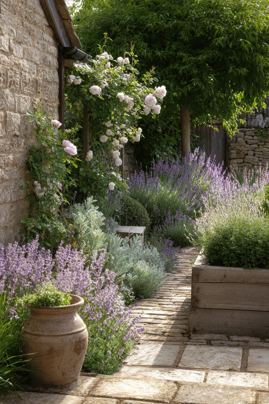 secret garden featuring cottage core garden with storybook garden elements weathered dry stone wall and comfortable hardwood garden bench