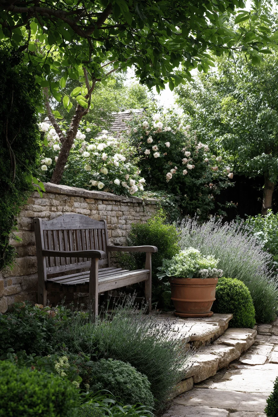 secret garden featuring modern cottage garden design with english cottage style perennial borders natural stone pathways and weathered garden bench