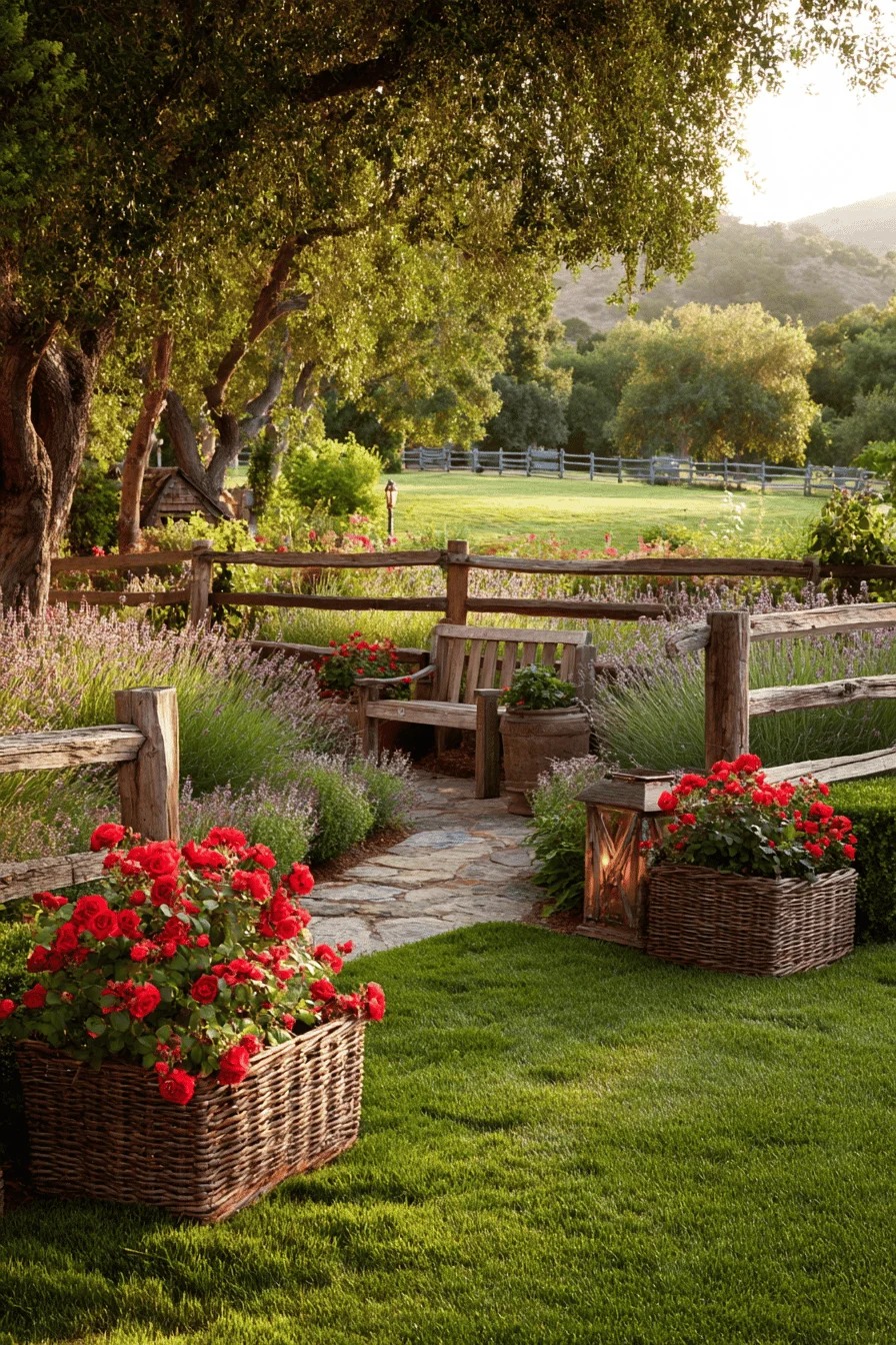 secret garden with farmhouse garden design featuring stone pathways weathered wooden fencing and lush farmhouse garden plantings