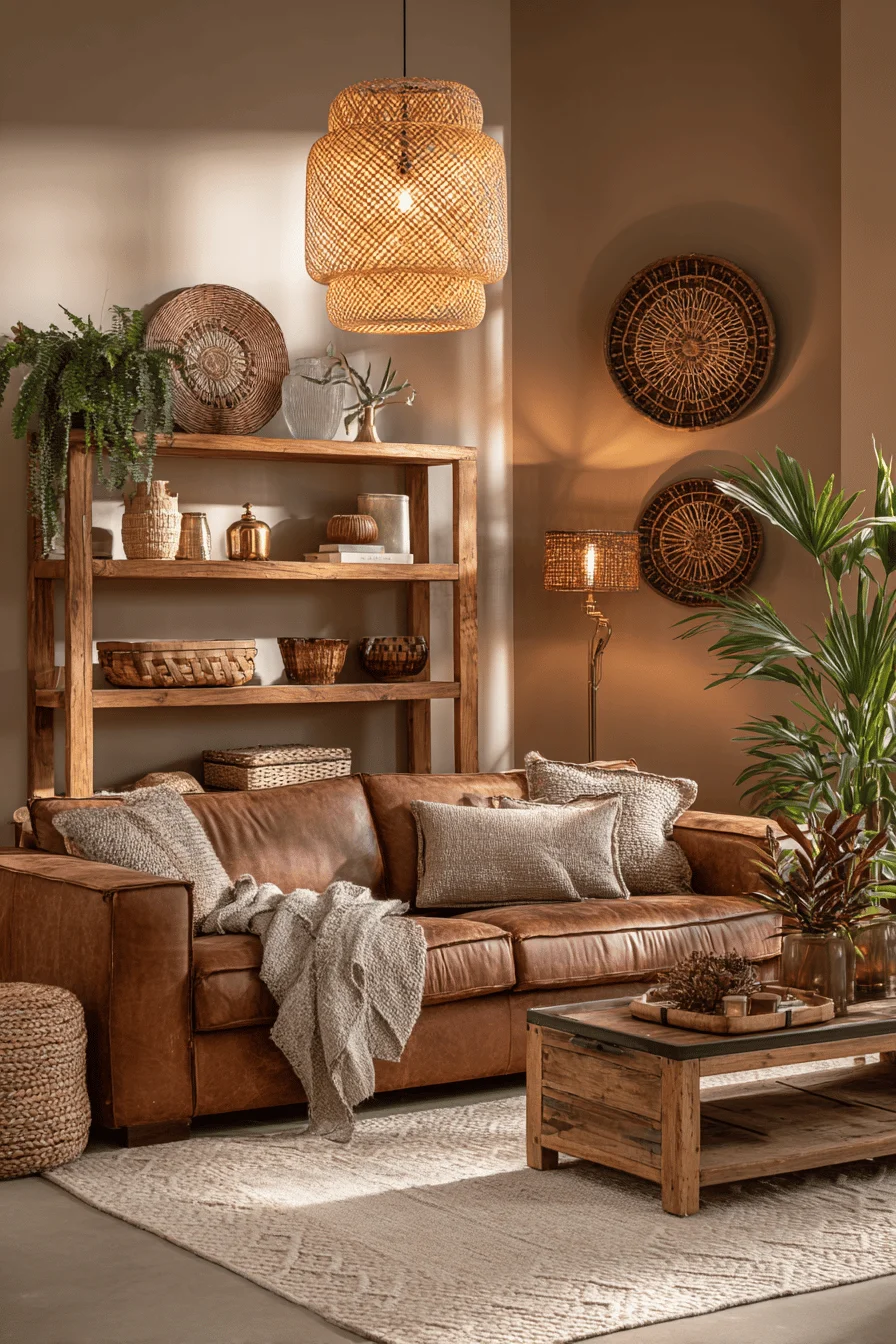 serene earthy home sanctuary with rich brown leather sofa textured throws and handcrafted ceramic vessels