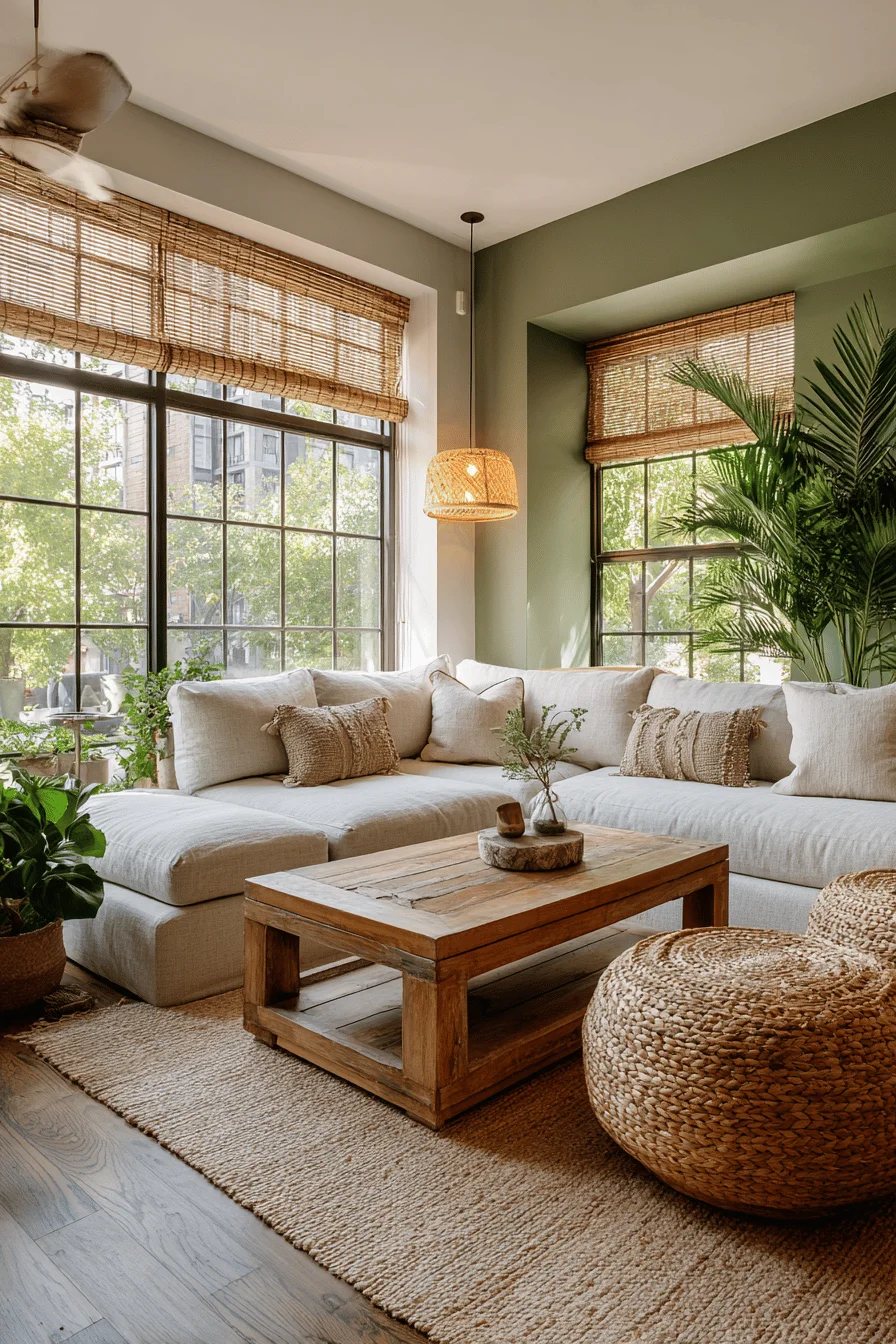serene living room showcasing modern earthy home decor natural materials warm lighting and quality hardwood flooring