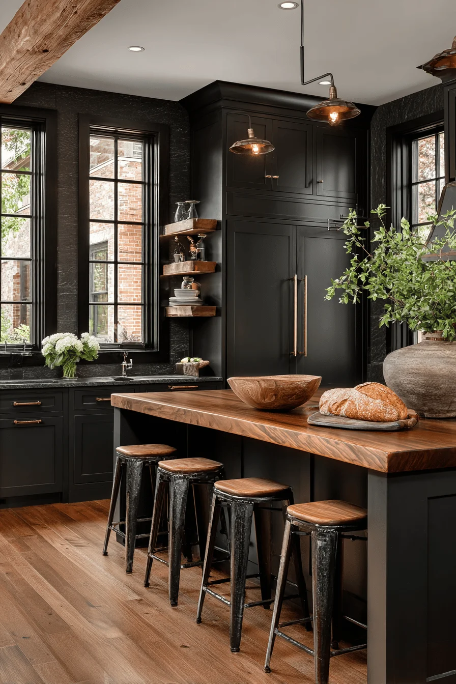 shabby chic kitchen featuring dark rustic kitchen with rustic dark cabinets kitchen and weathered wood finishes