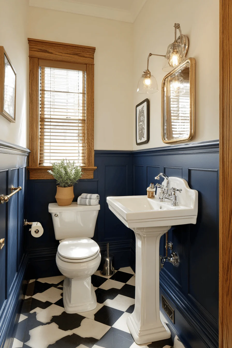 small downstairs toilet victorian style with blue wainscoting checkerboard tiles white fixtures and vintage wall sconce