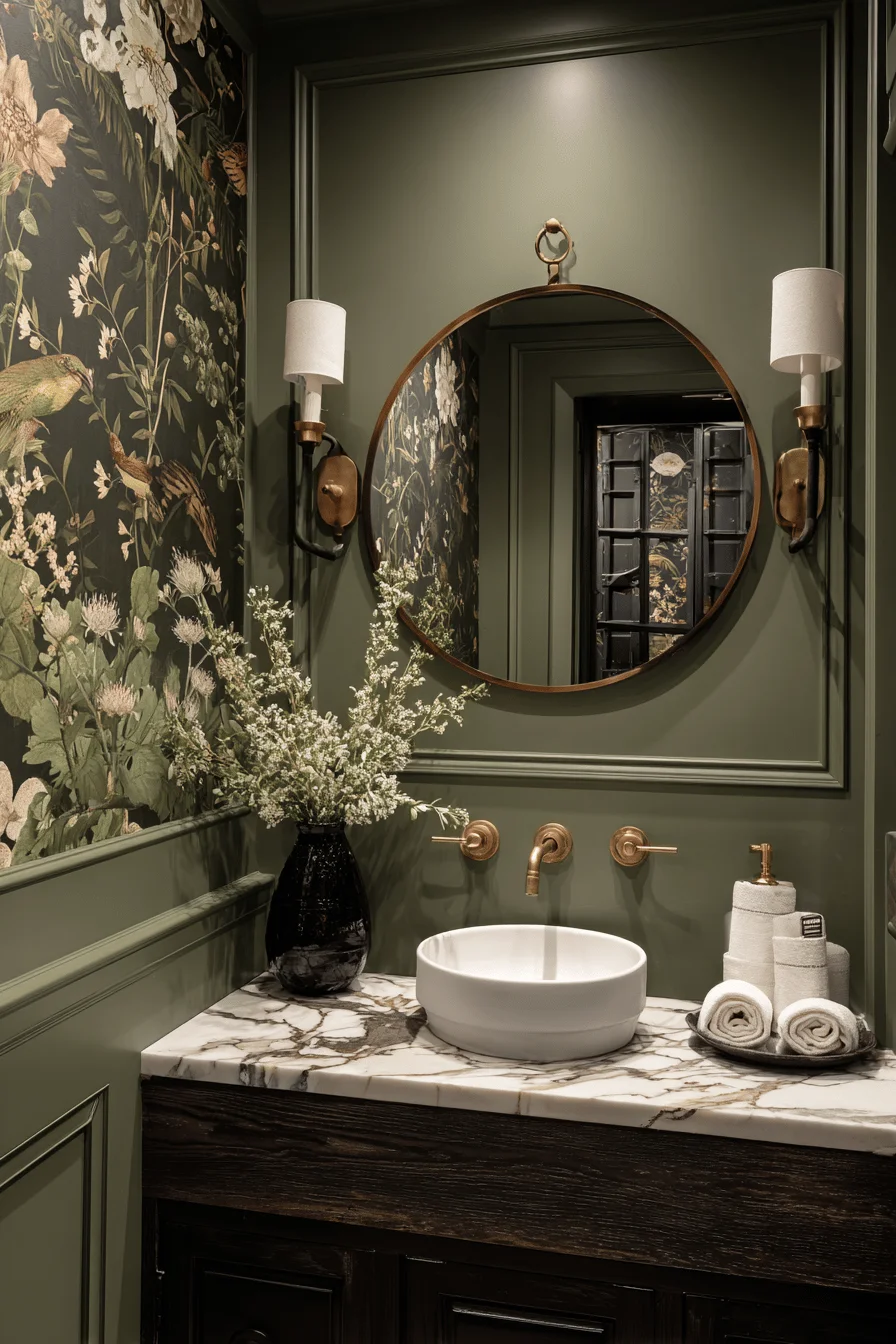 small downstairs toilet with sage walls brass fixtures botanical wallpaper and marble top vanity small downstairs toilet ideas