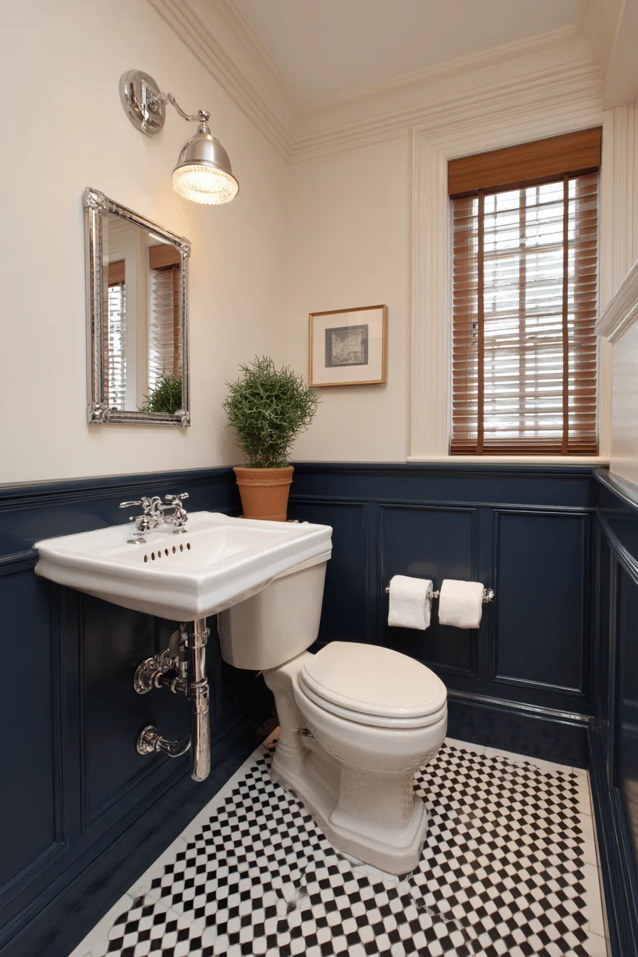 small downstairs toilet with victorian features navy wainscoting black white floor traditional fixtures and elegant molding details