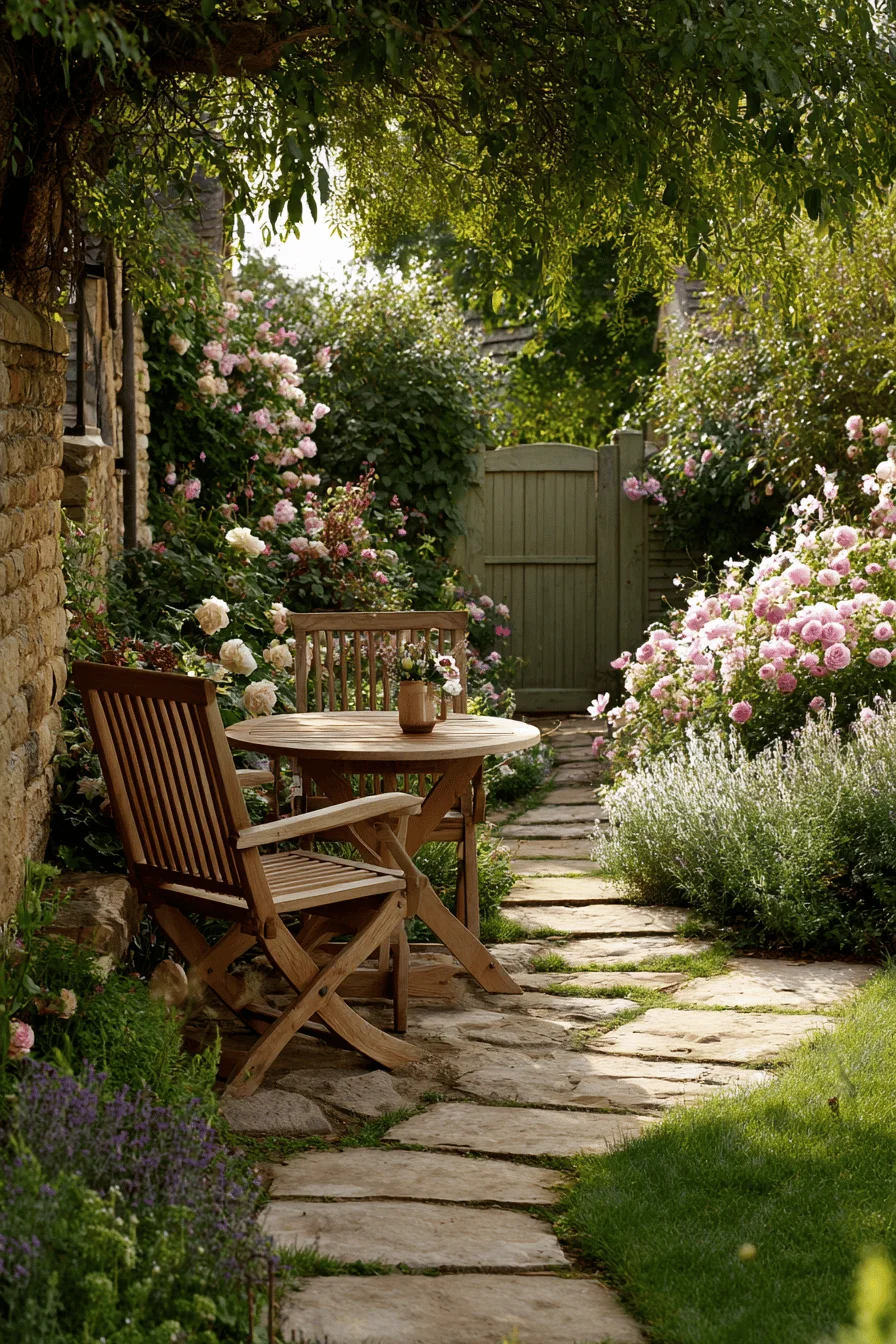 small garden design featuring cottage garden layout with comfortable seating area surrounded by mature plantings and natural stone pathways