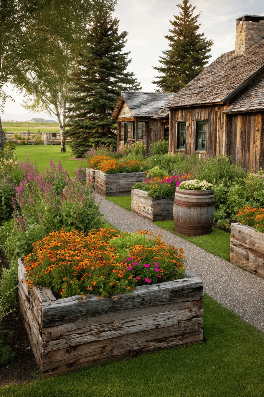 small garden design featuring farmhouse garden decor with weathered wooden raised beds and country style landscaping elements