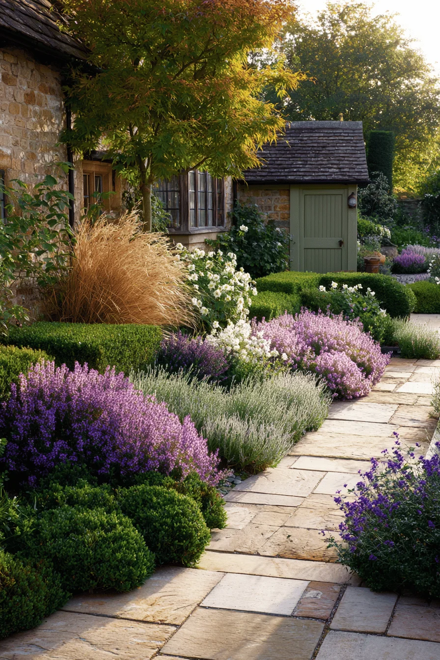 small garden design with cottage garden aesthetic showing english cottage garden style established herb gardens and natural limestone stepping pathways