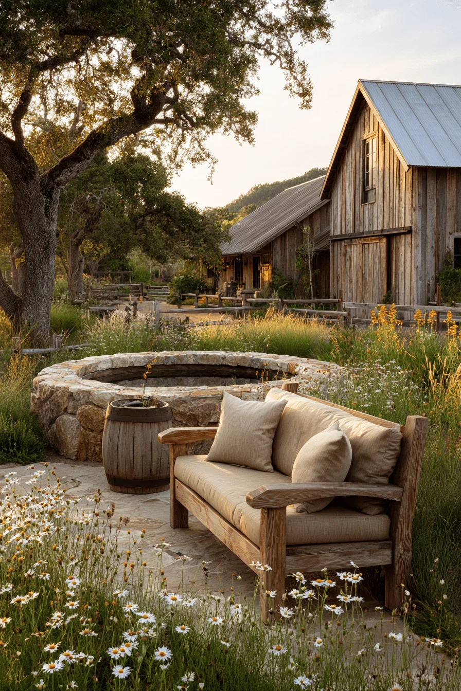small garden featuring farmhouse garden ideas with limestone pathway weathered water barrel planters and cream wildflowers