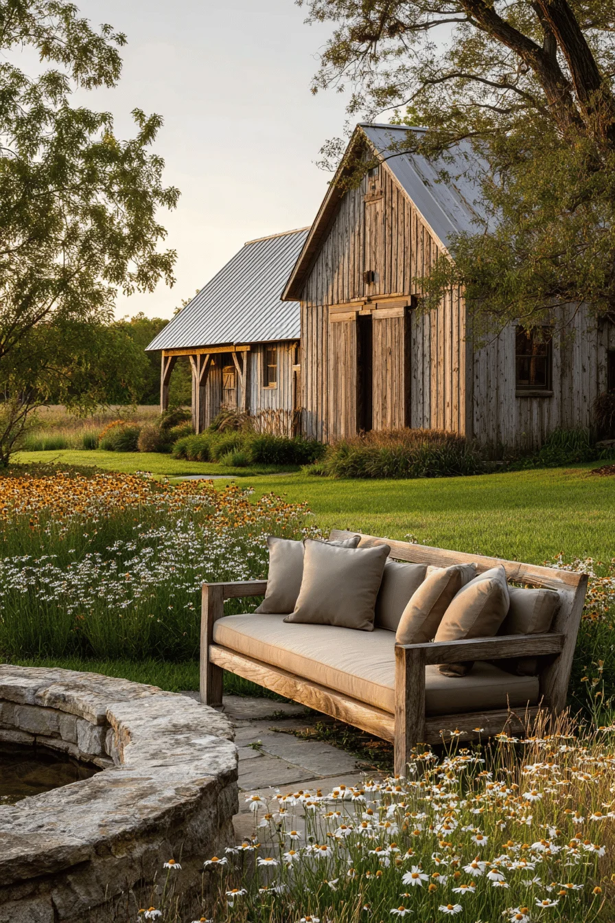 small garden ideas featuring farmhouse garden design with weathered stone pathways rustic wooden barn and native wildflower plantings