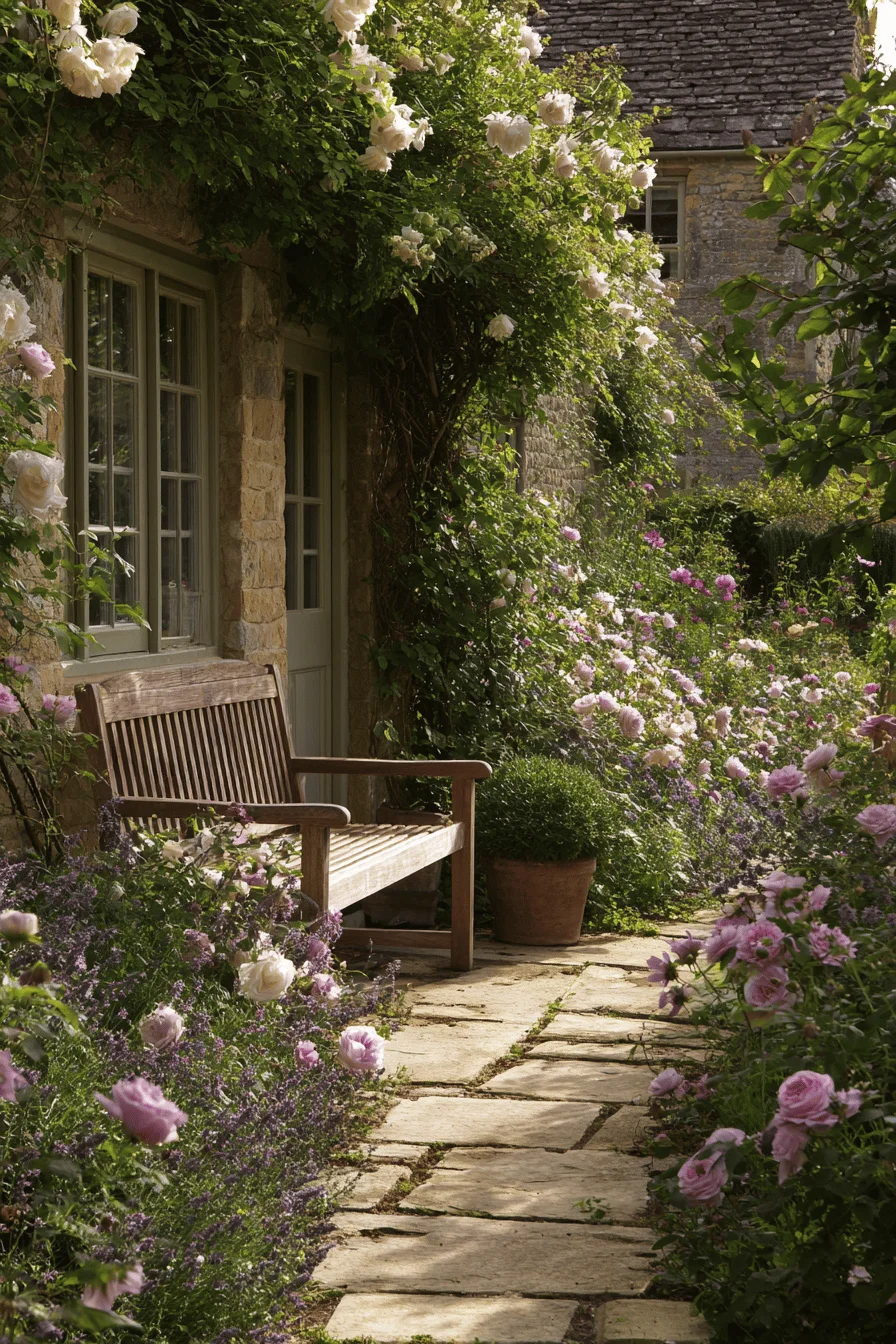 small garden ideas showcasing french cottage garden with authentic terracotta herb containers natural stone stepping pathway and climbing honeysuckle backdrop