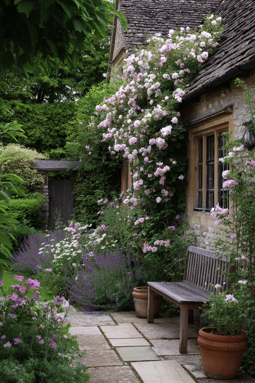 small garden with french cottage garden design featuring white cosmos cottage pink flowers in natural drift pattern along warm taupe limestone pathway