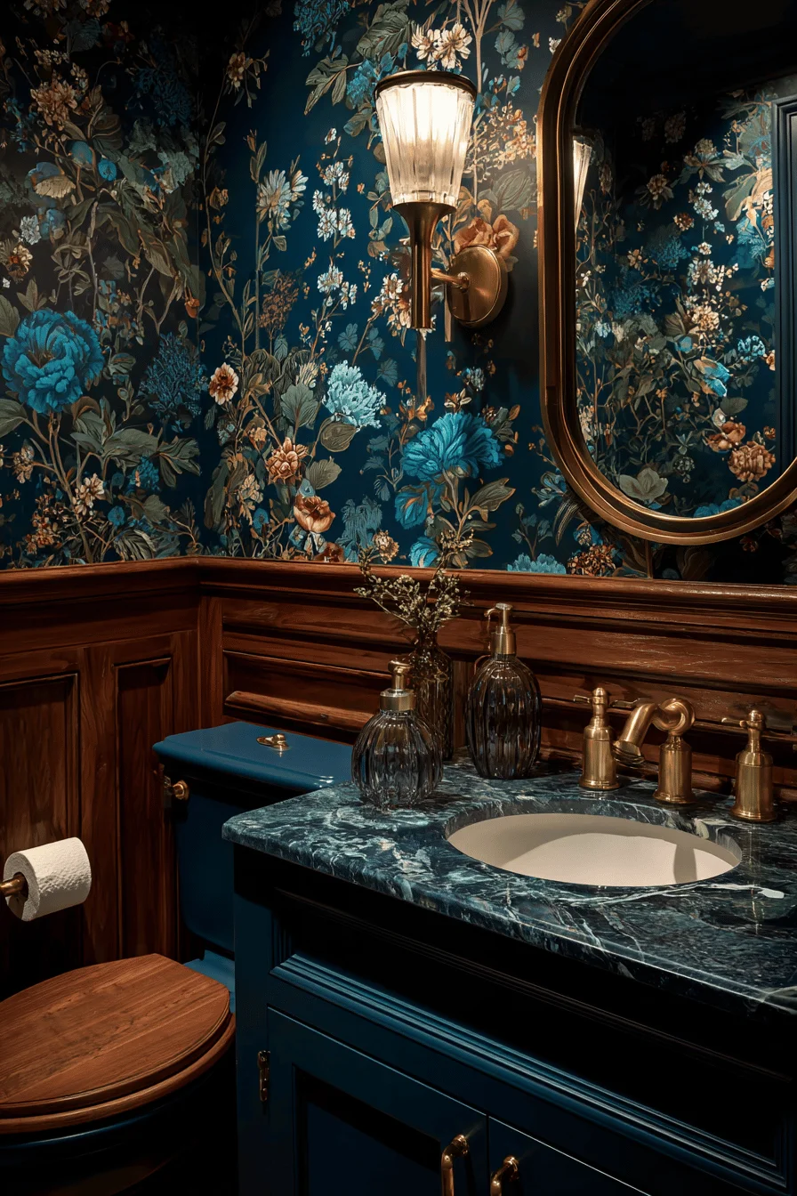 small toilet ideas downstairs loo with victorian teal floral wallpaper navy vanity gold mirror brass fixtures and wainscoting