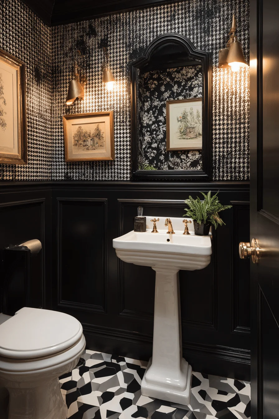 sophisticated downstairs toilet with victorian elements black panelling brass fixtures and octagonal floor tiles
