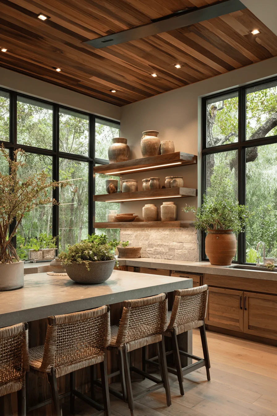 sophisticated earthy home decor sanctuary with premium walnut cabinetry limestone countertops and abundant natural light