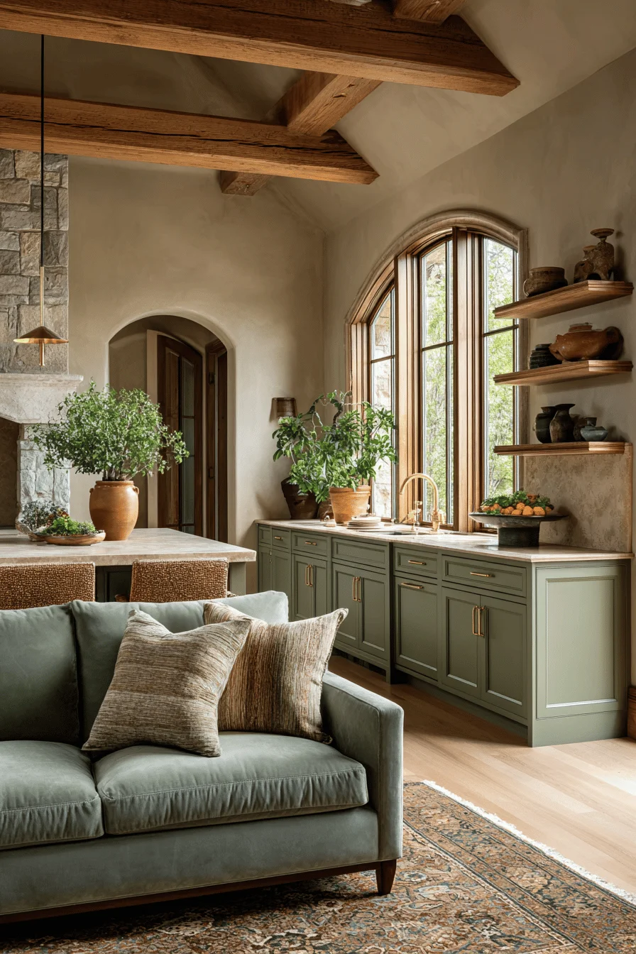 sophisticated earthy home interior with warm taupe walls open kitchen living space quality hardwood elements