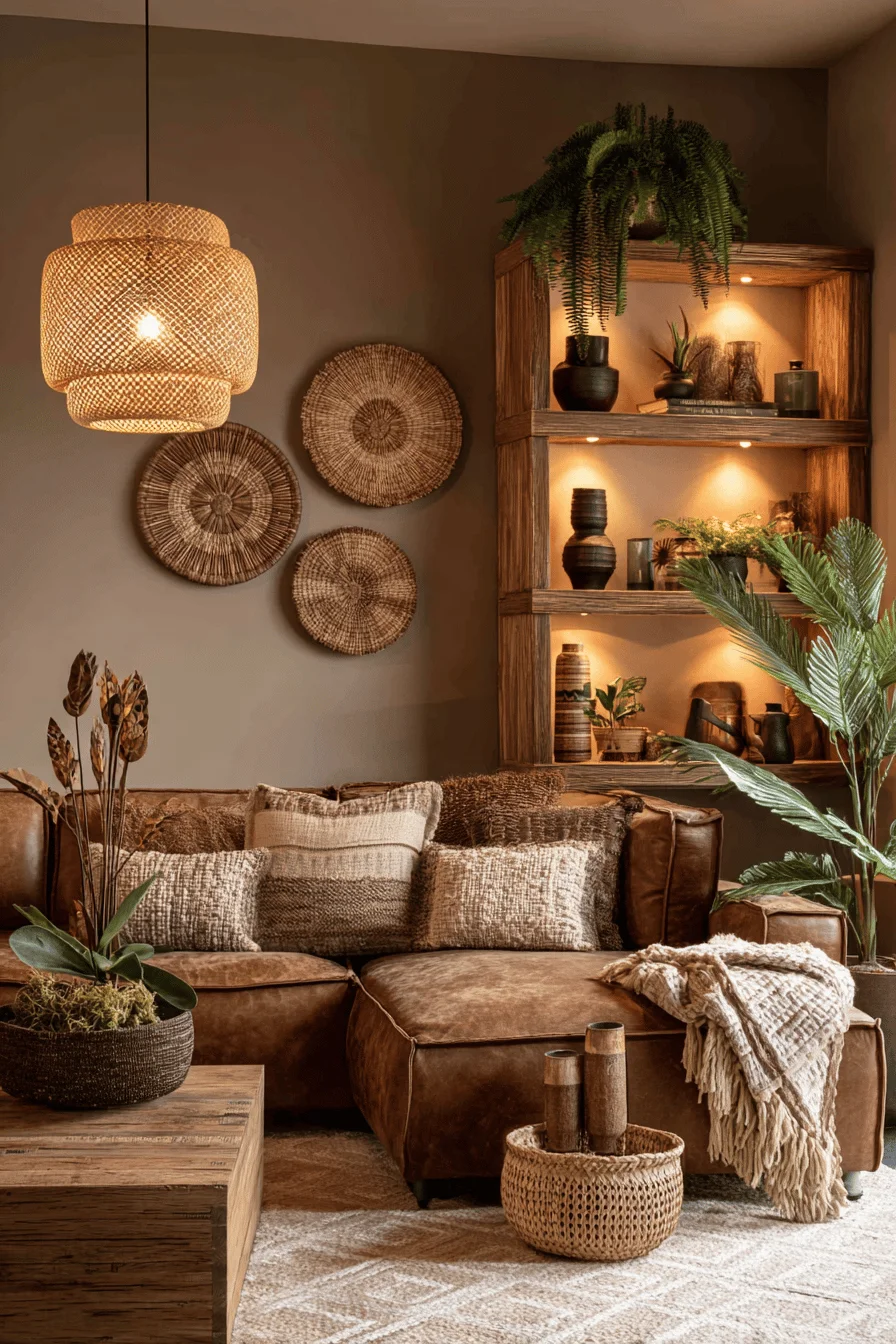 sophisticated earthy home living area featuring natural jute rug quality hardwood shelving and soft ambient lighting