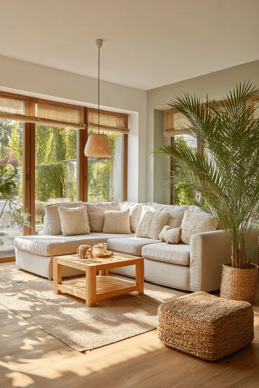 sophisticated living room featuring modern earthy home decor with taupe sectional natural lighting and oak coffee table