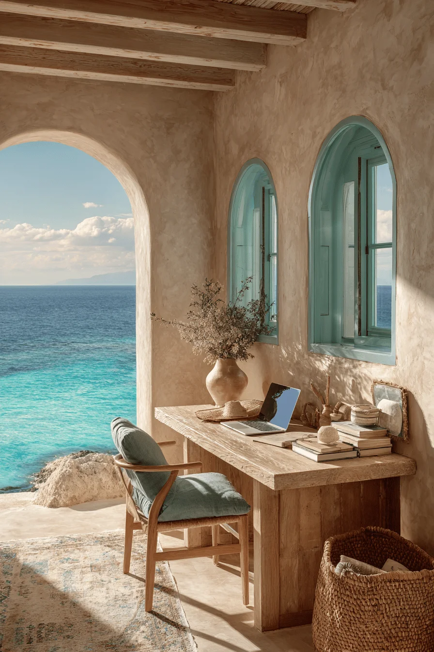 sophisticated work from home office featuring boho home office with quality furniture design and natural mediterranean lighting