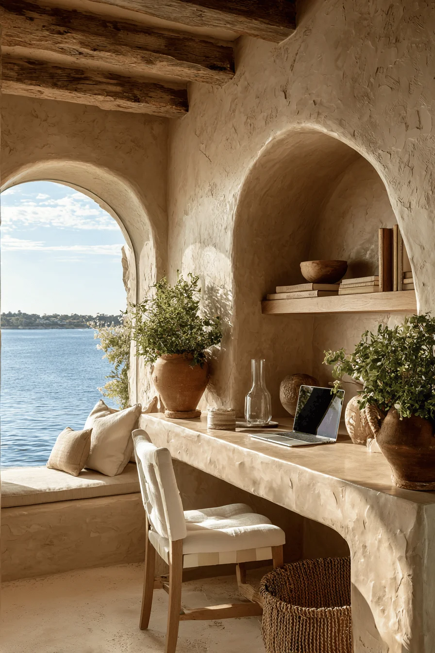 sophisticated work from home office featuring boho office ideas with quality furniture design and natural mediterranean lighting
