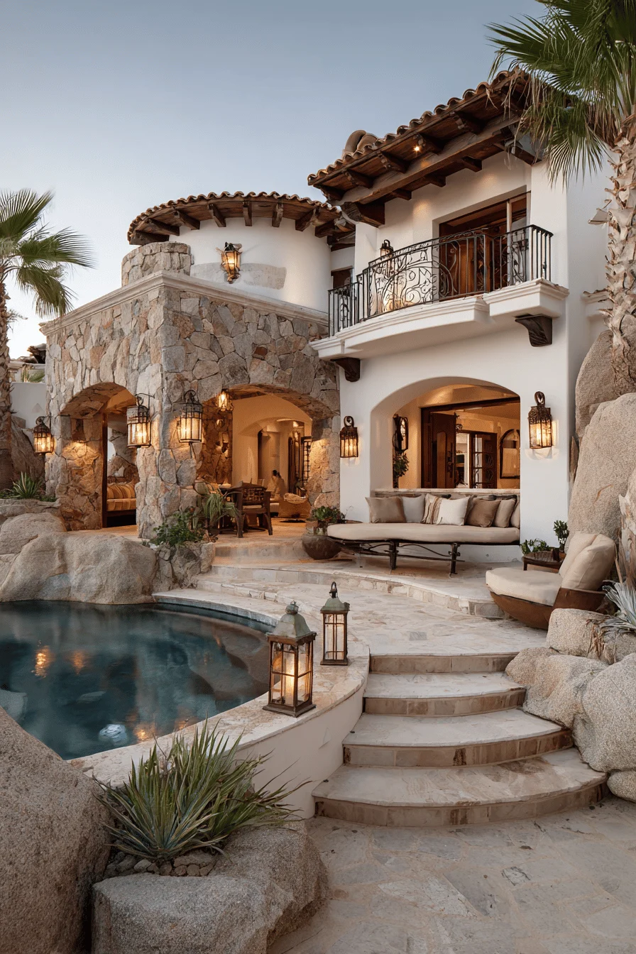 spanish house exterior displaying white walls terracotta roof tiles arched entrances pool stone accents and mediterranean garden