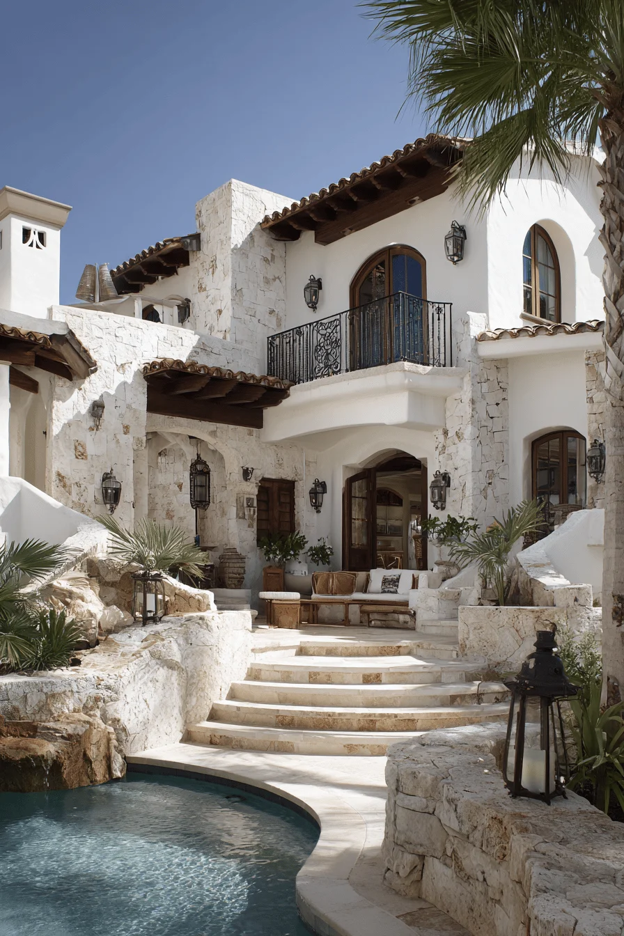 spanish house exterior featuring white stucco curved pool stone accents terracotta roof mediterranean landscaping and wrought iron details