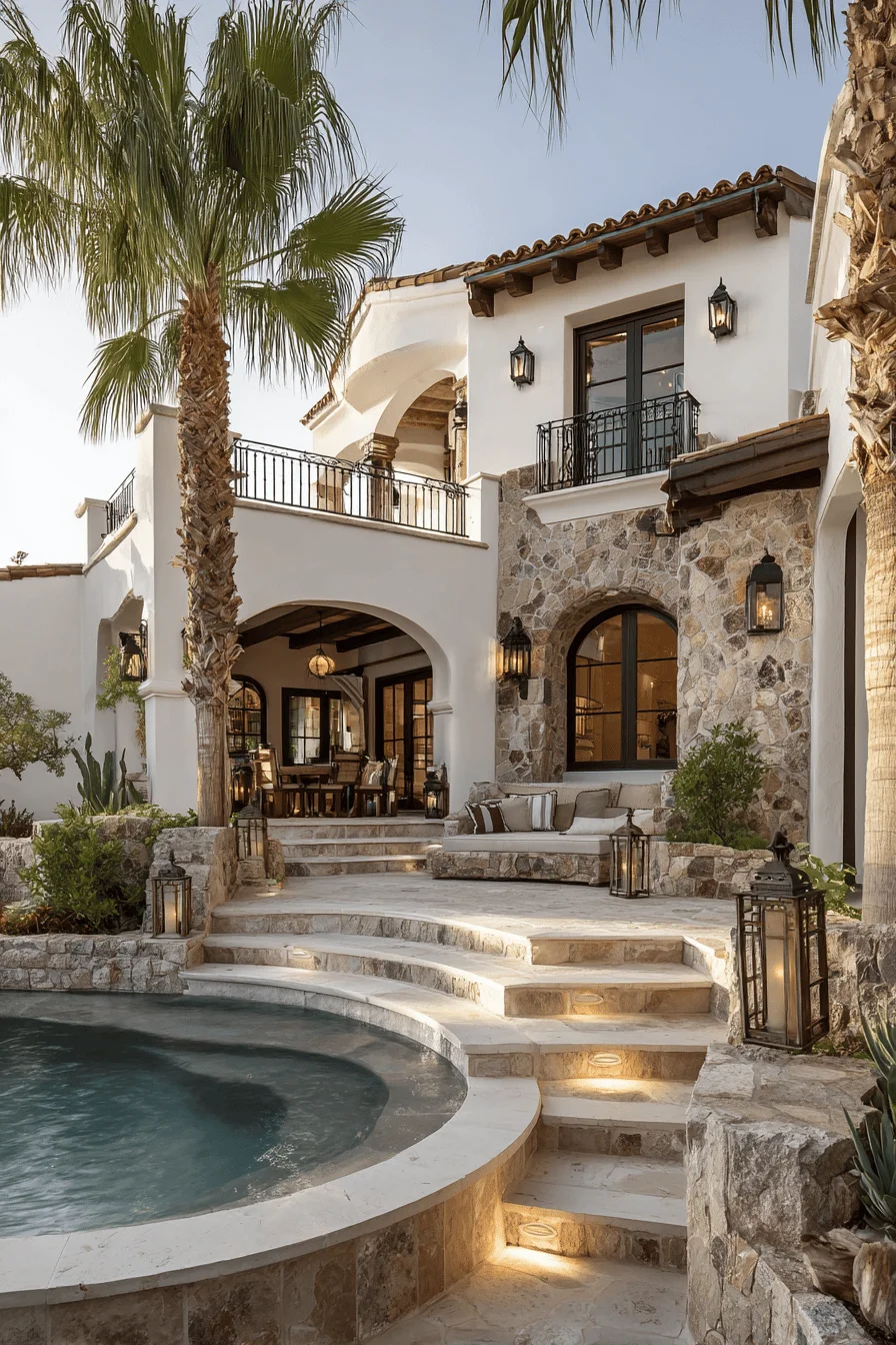 spanish house exterior with mediterranean architecture stucco walls arched doorways terrace swimming pool and stone landscaping
