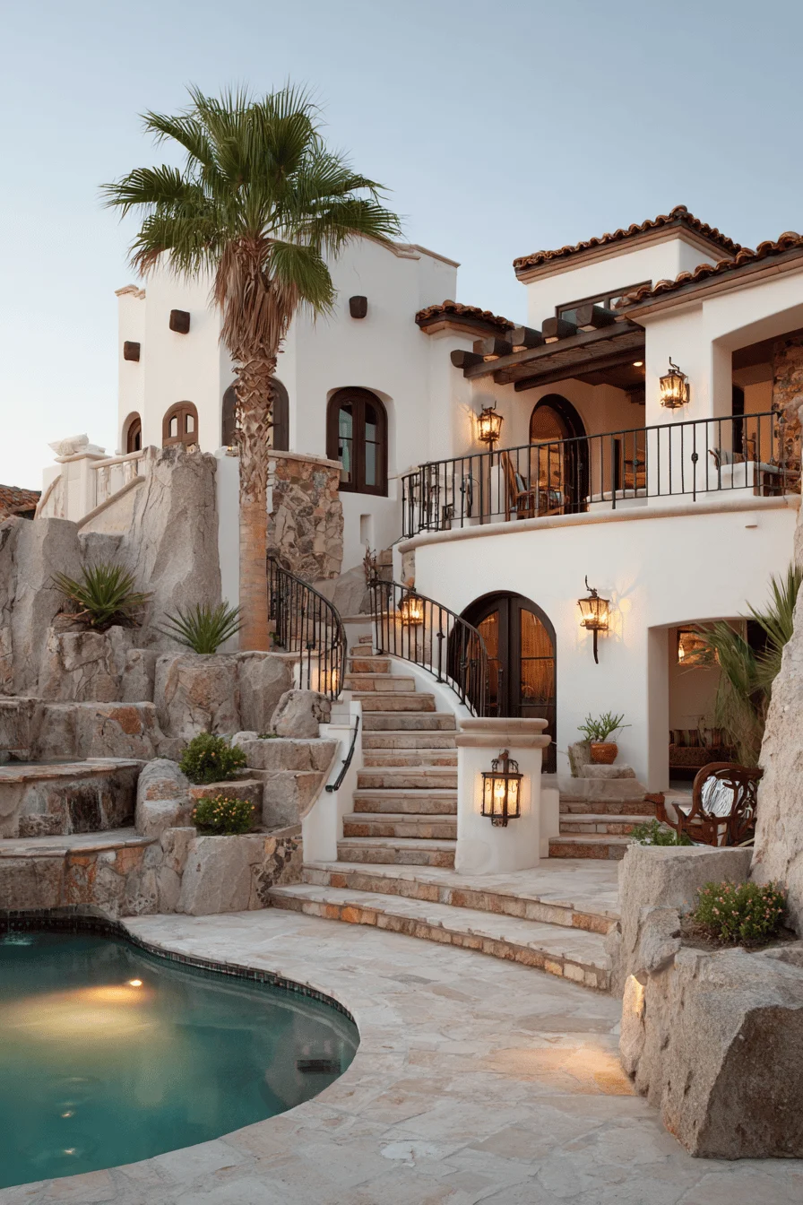 spanish house exterior with white stucco walls stone accents terracotta roof tiles swimming pool and mediterranean garden elements
