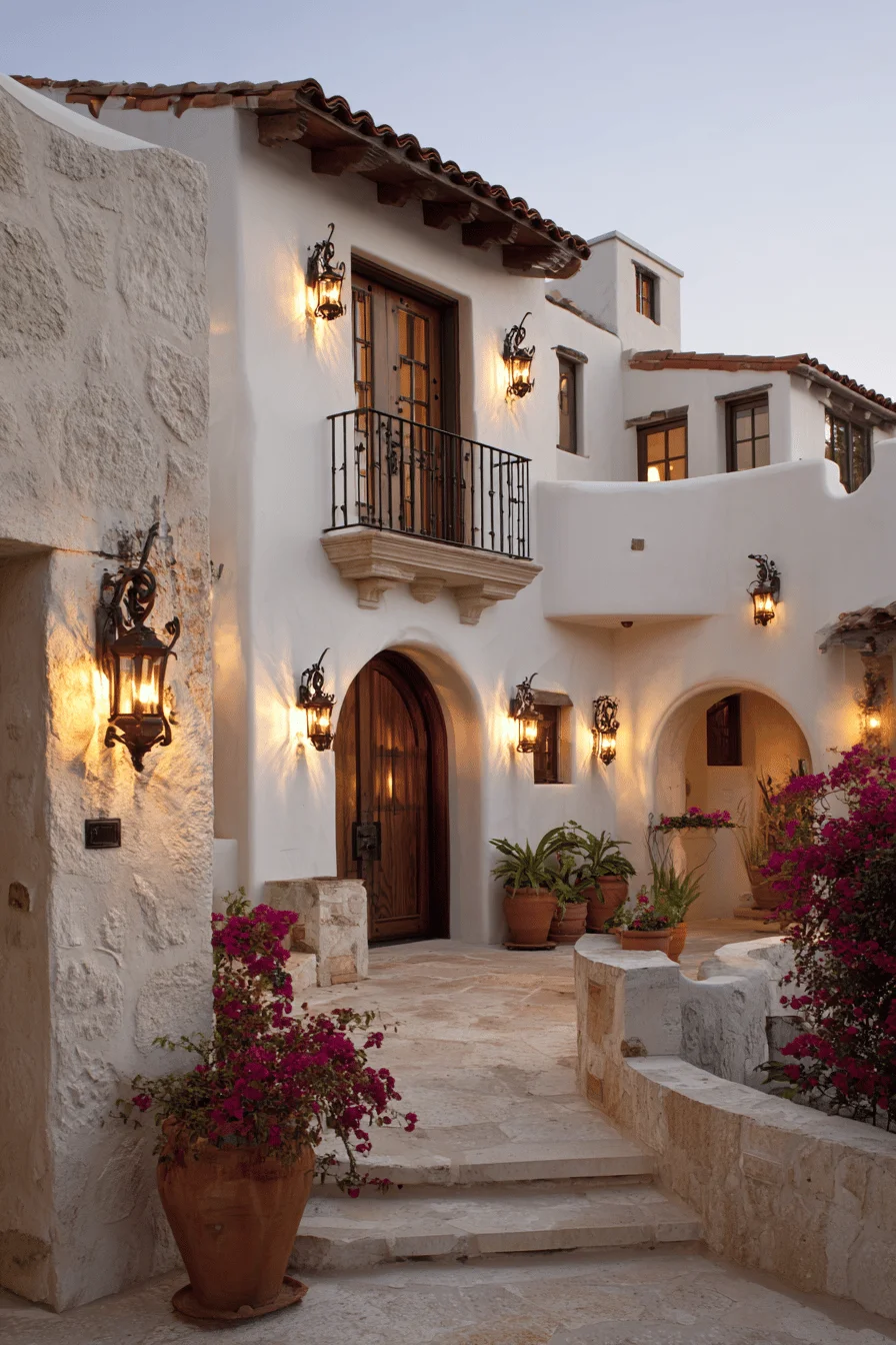 spanish revival house exterior with white stucco curved archways wrought iron details and flowering bougainvillea garden